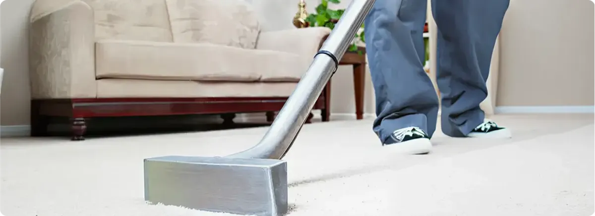 Carpet cleaning technician using a hot-water extraction wand on a light-colored carpet in a living room, Fort Worth, TX.